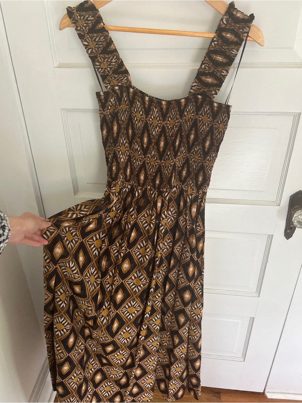 Carly Jean Los Angeles Black & Mustard Geometric Smocked Midi Dress